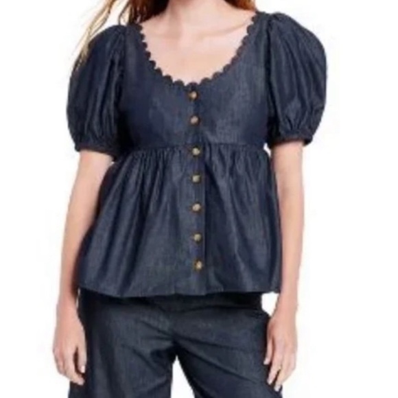 Kika Vargas x Target Denim Short Puff-Sleeve Button-Down Top - Picture 1 of 8